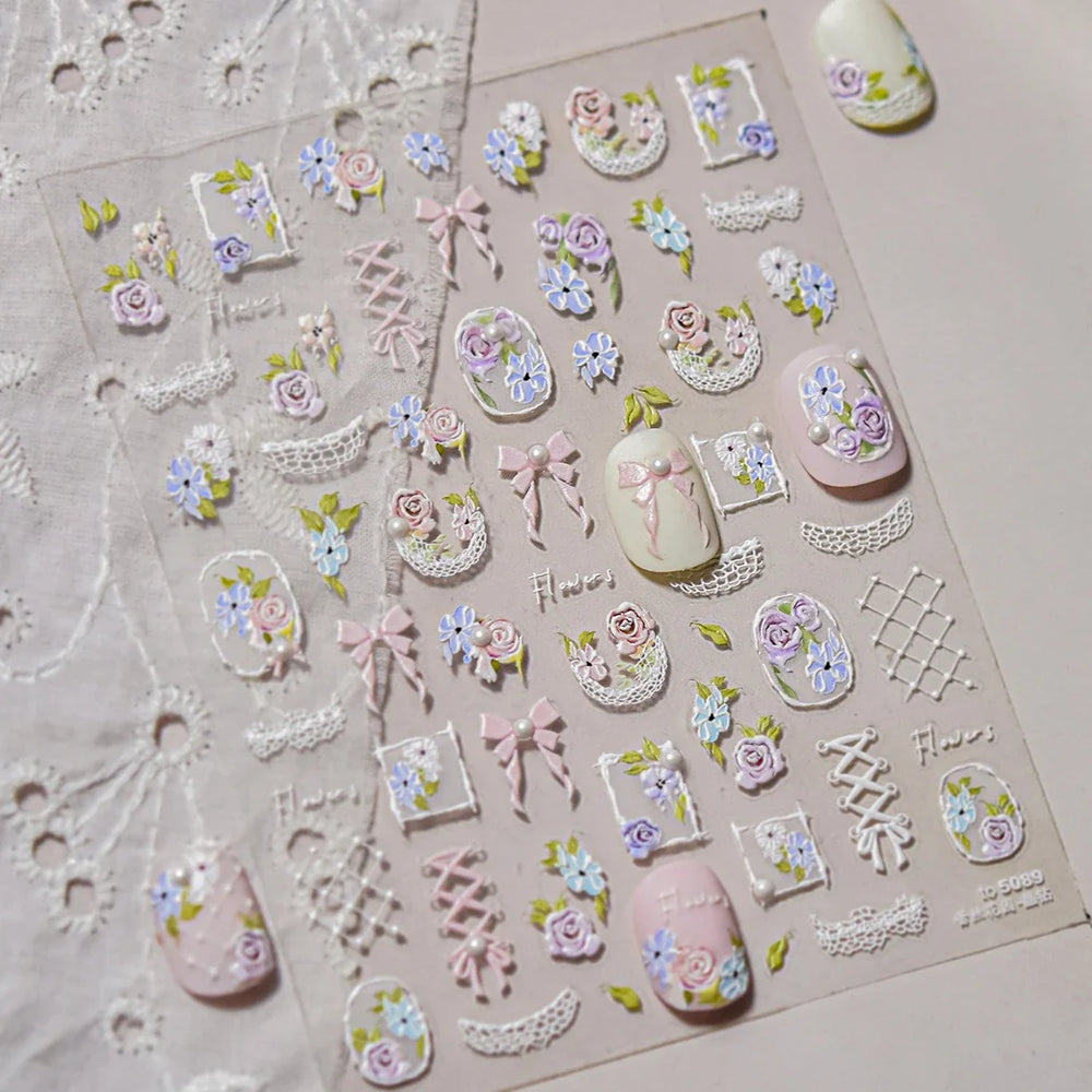 Rose Flower Bouquet Leaves Lace Bowknot Pearl Photo Frame Gird Embossed Reliefs Self Adhesive Nail Art Stickers Manicure Decals (ONLINE ORDER ONLY)