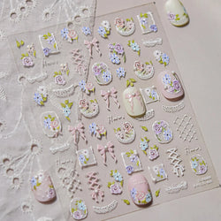 Rose Flower Bouquet Leaves Lace Bowknot Pearl Photo Frame Gird Embossed Reliefs Self Adhesive Nail Art Stickers Manicure Decals (ONLINE ORDER ONLY)