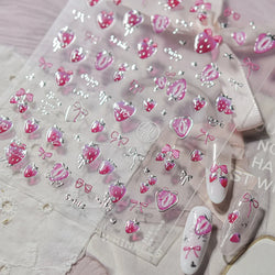 Cute Pink Tempting Strawberries Attractive Fruit Cutting Line Bowknot Star Silver Stamping Chic Nail Art Stickers Manicure Decal (ONLINE ORDER ONLY)