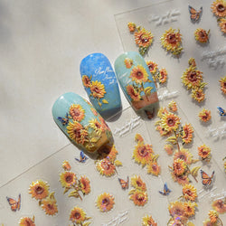 Embossed Shiny Vigor Sunflower Turnsole Vitality Butterfly Daisy Oil Painting Plant 5D Adhesive Nail Art Sticker Manicure Decals (ONLINE ORDER ONLY)