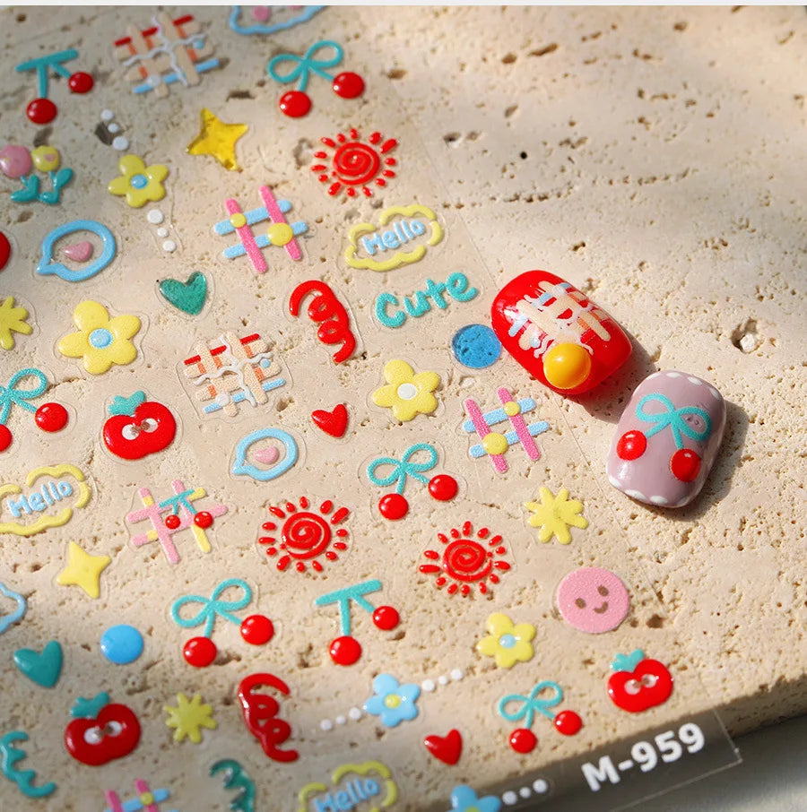 Flower Star Sun Grid Line Interesting Graffiti Tulip Cherry Apple Fruit Dot Painting Adhesive Nail Art Stickers Manicure Decals (ONLINE ORDER ONLY)