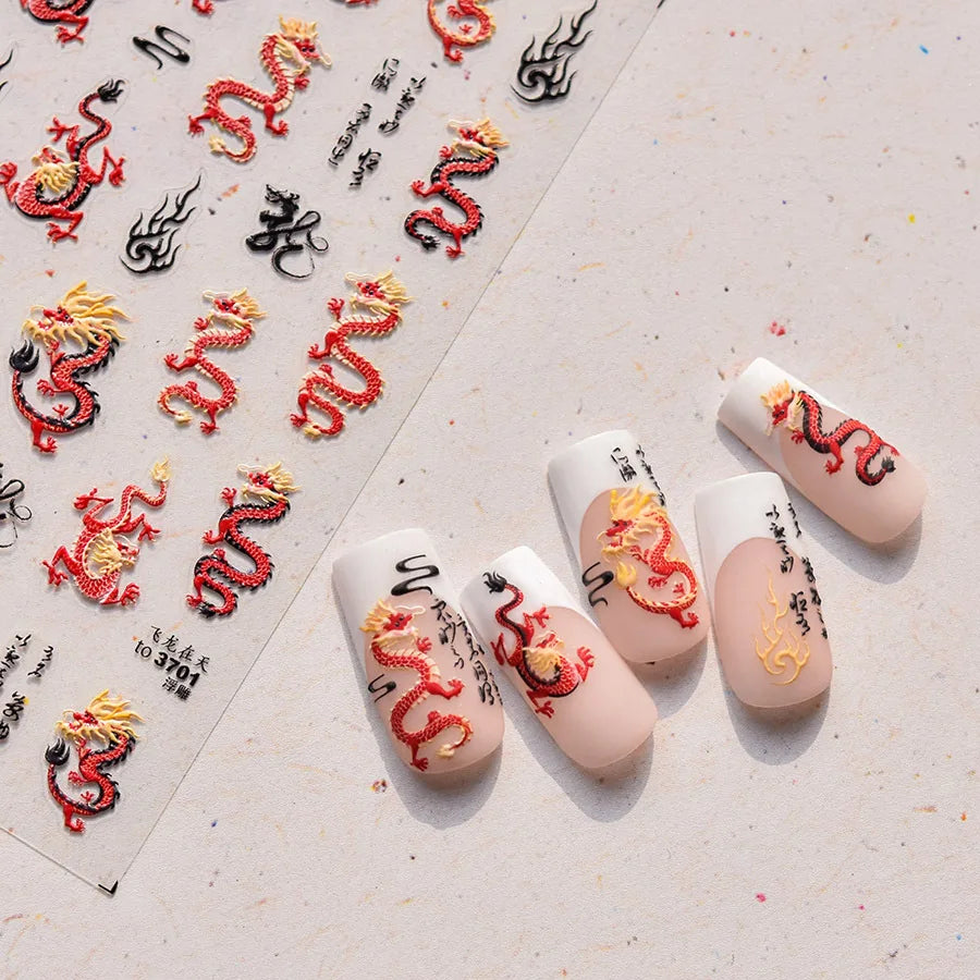 Retro Embroidered Dragon Red Pink Blue White Porcelain Chinese 3D Embossed Relief Self Adhesive Nail Art Stickers Manicure Decal (ONLINE ORDER ONLY)