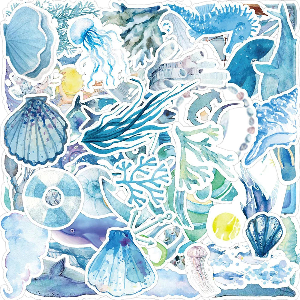10/30/50PCS Blue Ocean Art Graffiti Stickers Painting Undersea World Cartoon Decals DIY Notebook Laptop Phone Car Waterproof Toy (Online Order Only)