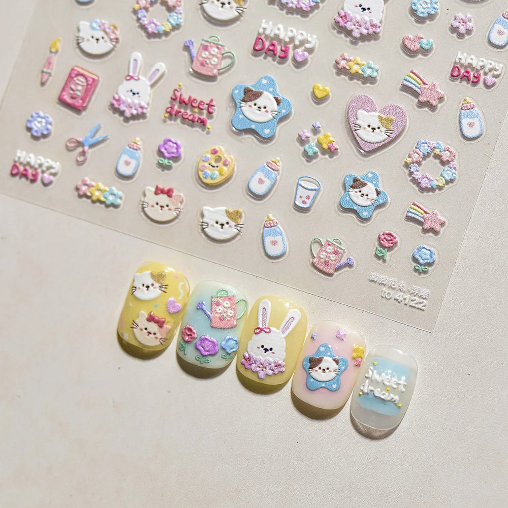 Cream Wind Cat Rabbit Kitten Bunny Bowknot Flower Butterfly Cake Cherry Tulip 5D Self Adhesive Nail Art Stickers Manicure Decals (Online Order Only)