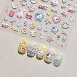 Cream Wind Cat Rabbit Kitten Bunny Bowknot Flower Butterfly Cake Cherry Tulip 5D Self Adhesive Nail Art Stickers Manicure Decals (Online Order Only)