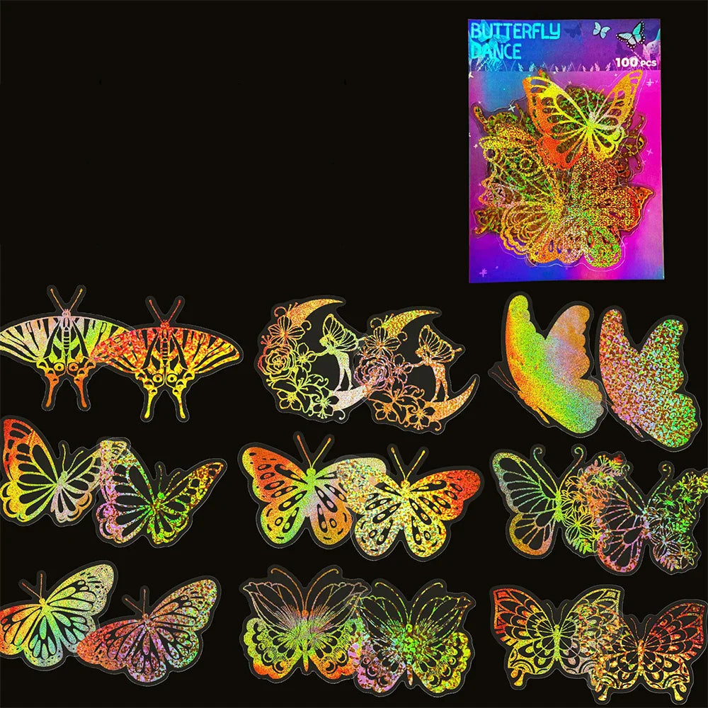 100pcs Cute Holographic Laser Butterfly Cartoon Stickers Animal Decals Laptop Notebook Phone Diary Decoration Sticker Kids Toys (ONLINE ORDER ONLY)