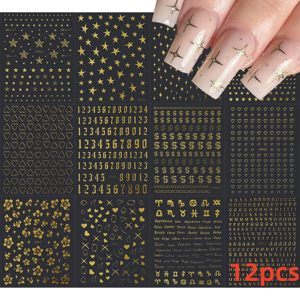 12pcs 3D Golden Glitter Heart Love Nail Stickers Valentine Self Adhesive Cute Cartoon Decal Geometry Slider Manicure Decoration* (ONLINE ORDER ONLY)