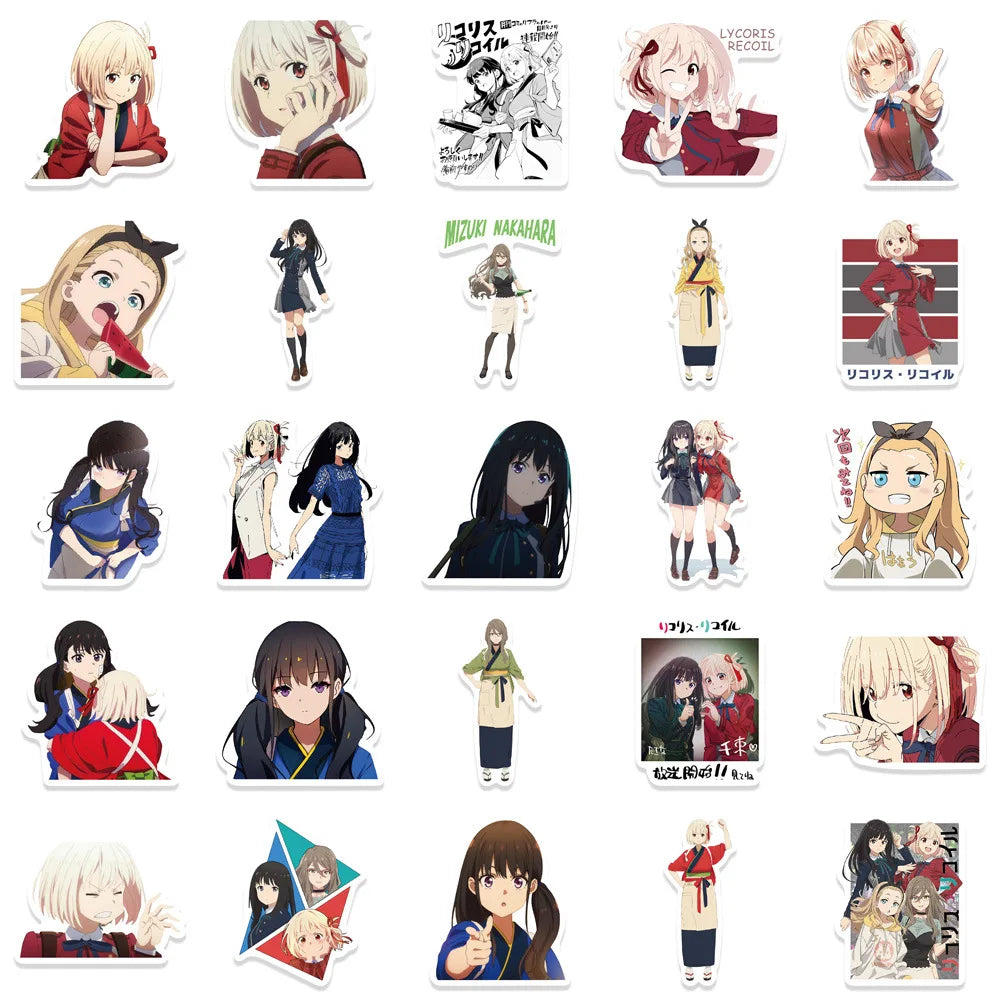 10/30/50PCS Lycoris Recoil Stickers Cute Girl Decals Animation Graffiti Decoration Cartoon Toy Sticker Luggage Laptop Guitar Car (ONLINE ORDER ONLY)