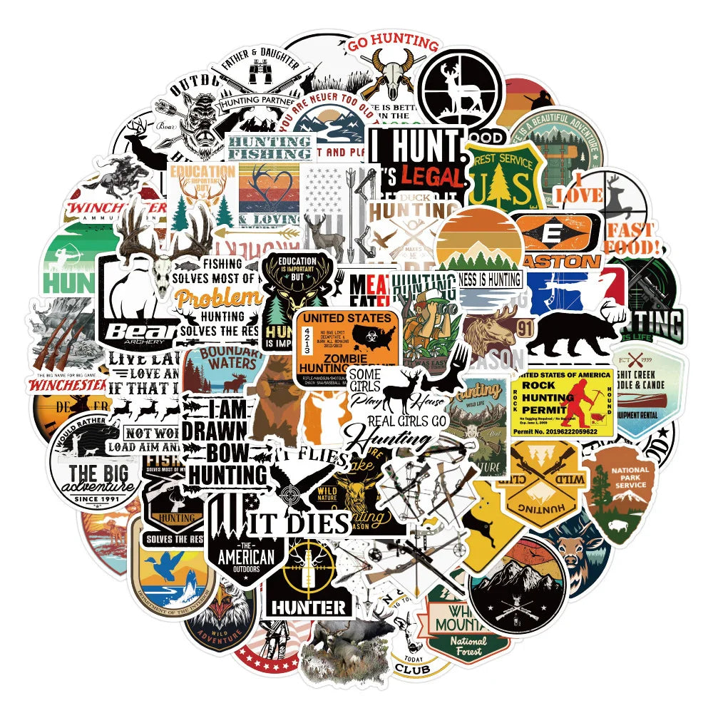 10/30/50/100pcs Cool Outdoor Hunting Stickers Waterproof Decals Luggage Laptop Water Bottle Bike Notebook Car Sticker Kid Toy (ONLINE ORDER ONLY)