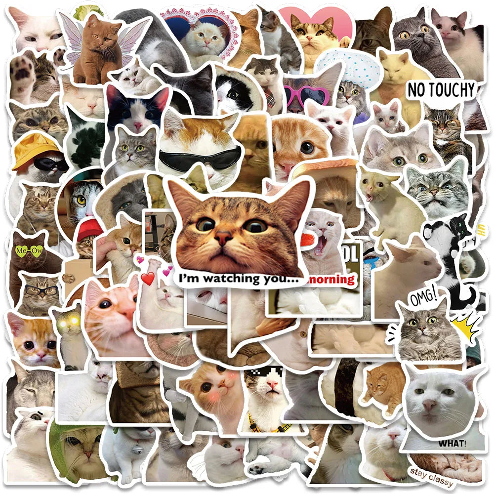 50/100pcs Funny Cat Meme Stickers Water Bottle Kitten Stickers Laptop Luggage Notebook Skateboard Waterproof Vinyl Car Decals (Online Order Only)