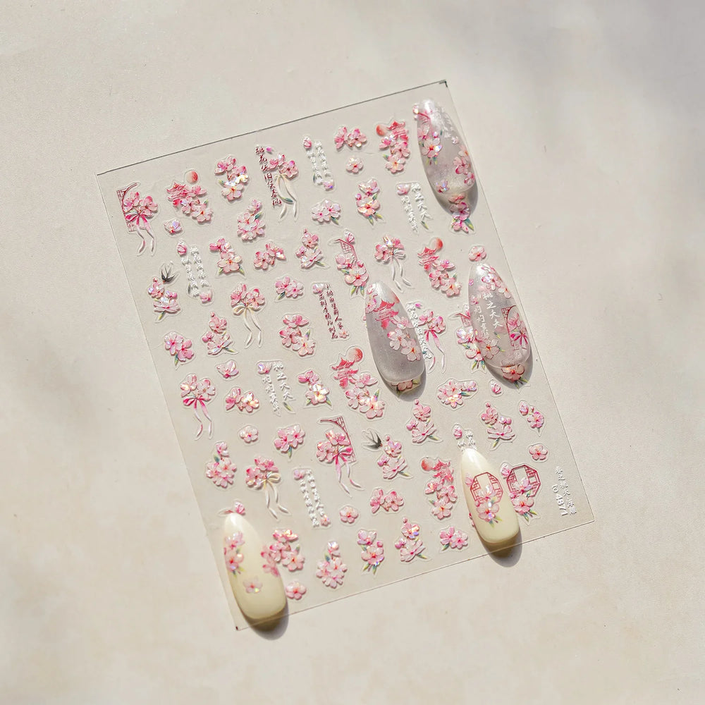 Pink Peach Blossom Flower White Pear Romantic Archaistic Swallow Window Adhesive Nail Art Stickers Rhinestone Manicure Decals (ONLINE ORDER ONLY)