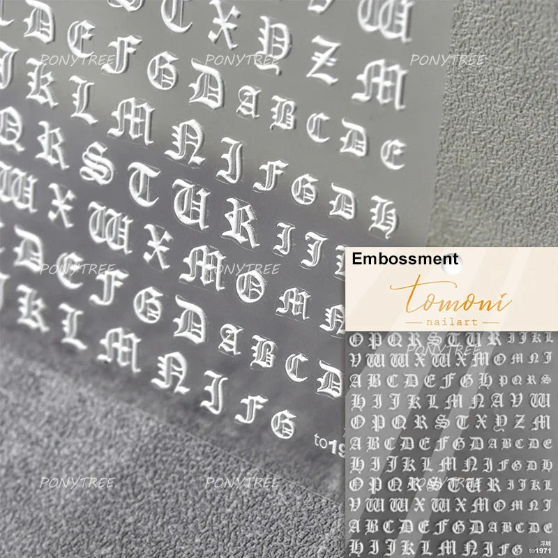 Romantic White Black Capital English Letters Chic Gold Punk Colorful Stamp Word 3D Self Adhesive Nail Art Sticker Manicure Decal (ONLINE ORDER ONLY)