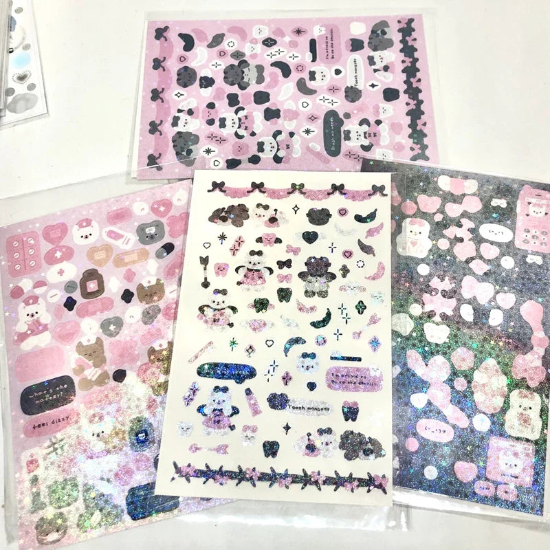 Korean Cute Devil Bear Dialog Laser Sticker Scrapbooking DIY Album Decoration Sticker Aesthetic Kawaii Stationery Halloween Gift (ONLINE ORDER ONLY)