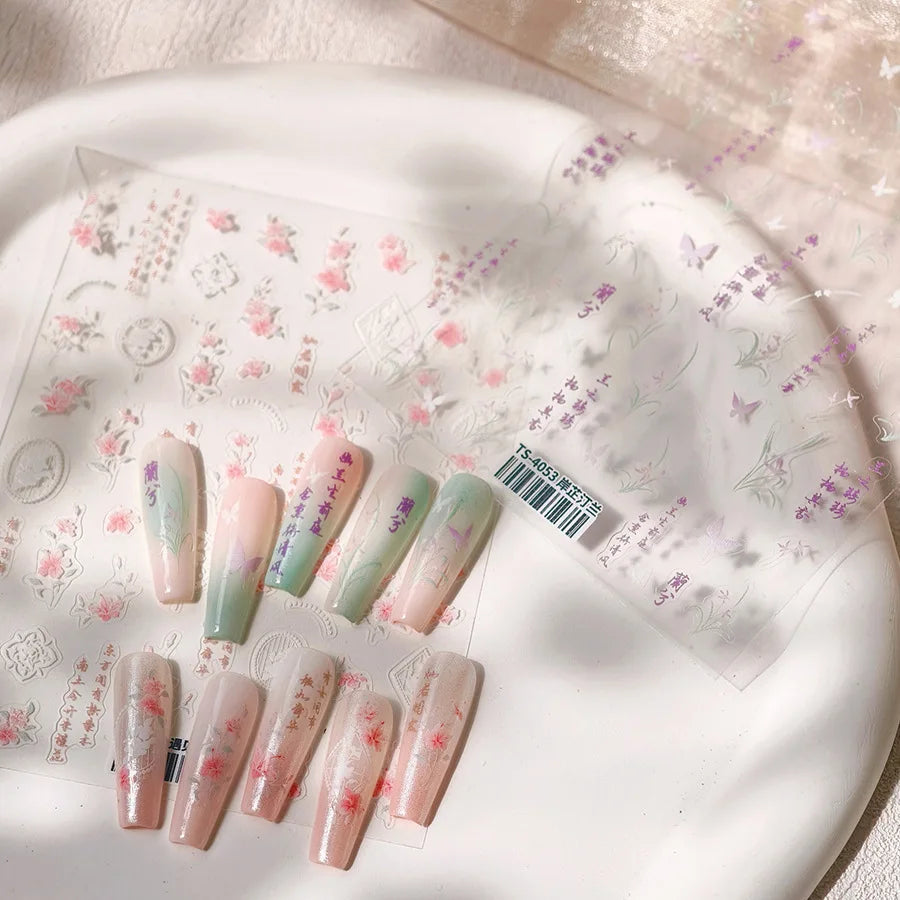 Pink Purple Orchid Hibiscus Rosa-sinensis Flower Butterfly Antique Lattice Window Adhesive Nail Art Stickers  Manicure Decals (Online Order Only)