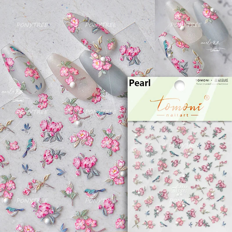 Pink Peach Blossom Flower White Pear Romantic Archaistic Swallow Window Adhesive Nail Art Stickers Rhinestone Manicure Decals (ONLINE ORDER ONLY)