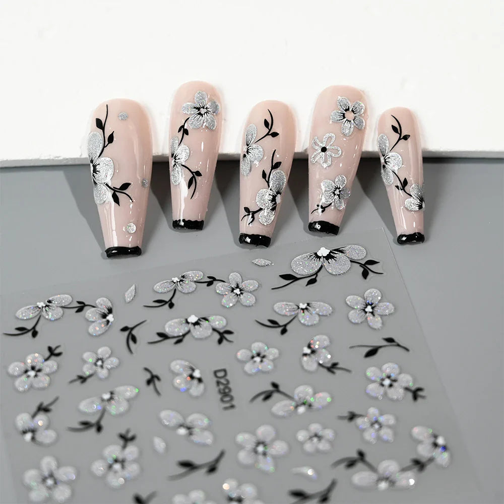 1pcs 5D Floral Nail Art Stickers Acrylic Flowers Decals with Glitter Self-Adhesive Elegant Silver Black Blossoms Theme Nail Art* (ONLINE ORDER ONLY)
