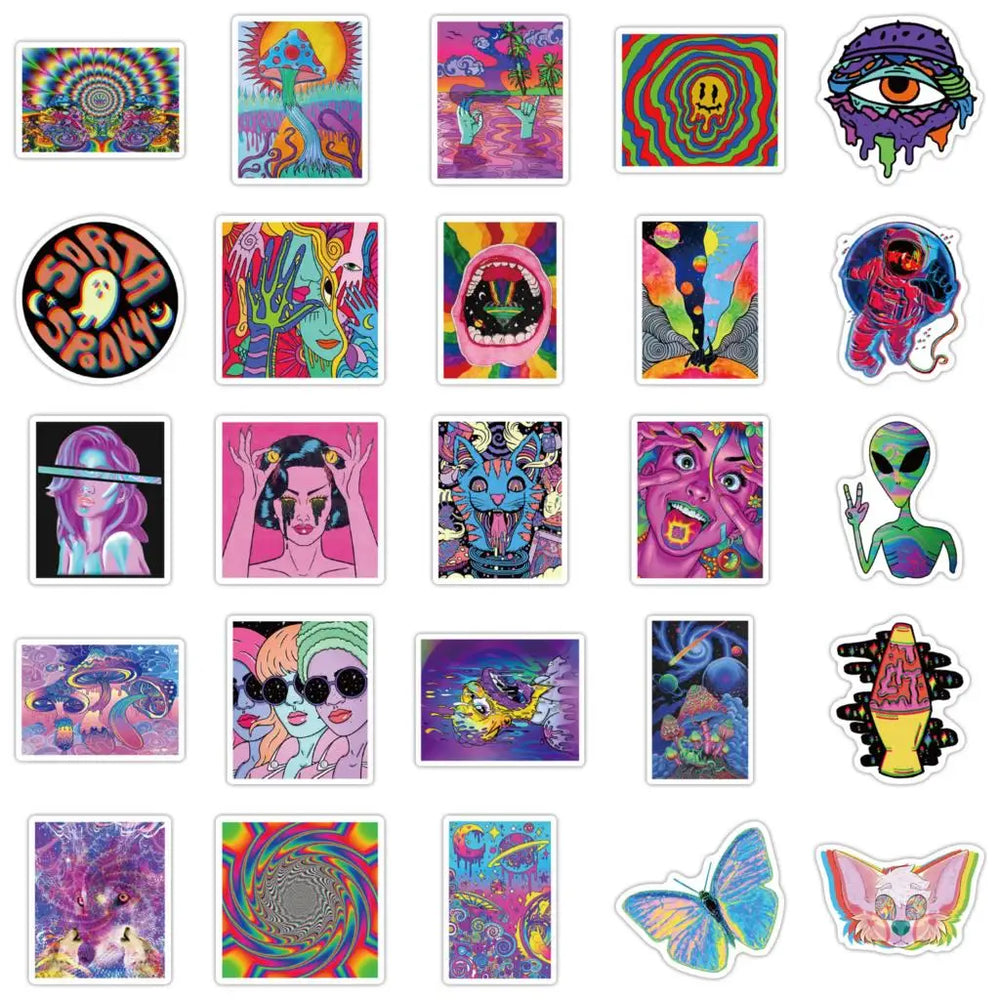 52PCS Cartoon Colorful Psychedelic Trippy Stickers Aesthetics Laptop Guitar Luggage Phone Graffiti Sticker Decal Kid Toy (Online Order Only)