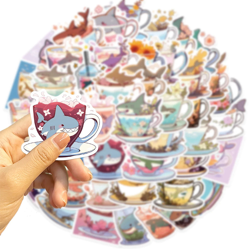 50pcs Shark And Cup Stickers Cartoon Waterproof Pvc Decals for Skateboard Helmet Laptop Bicycle Motorcycle Stickers Kids Toy (ONLINE ORDER ONLY)