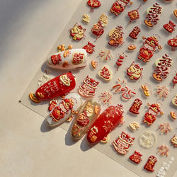 2025 God of Wealth Goldfish Koi Fish Lucky Cat Yuanbao Red Element Adhesive Nail Art Stickers Festival Atmosphere Manicure Decal (Online Order Only)