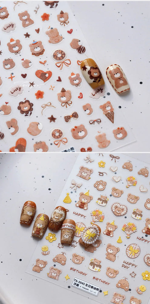 Cute Bear Teddy Birthday Party Maillard Bear Cake Flower Bouquet Lucky Love Heart 5D Adhesive Nail Art Sticker Manicure Decals (Online Order Only)