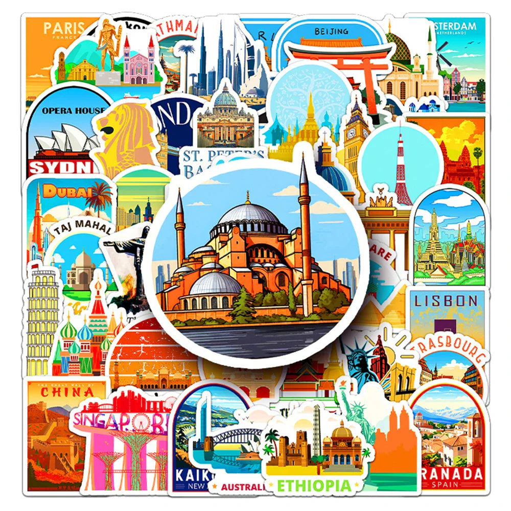 Cartoon Landmark Stickers: 10/30/50pcs Travel Aesthetic Decals for Laptop, Phone, Fridge (Online Order Only)