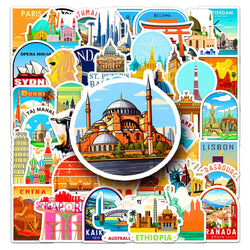 Cartoon Landmark Stickers: 10/30/50pcs Travel Aesthetic Decals for Laptop, Phone, Fridge (Online Order Only)