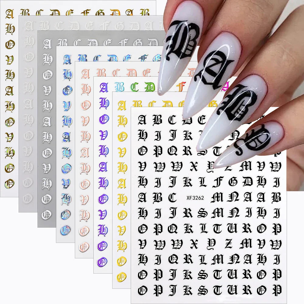 8pcs Gothic Alphabet Design Nail Art Stickers Retro English Letter Nail Art Stickers 3D Self-Adhesive Designs Nail Art Supplies* (Online Order Only)