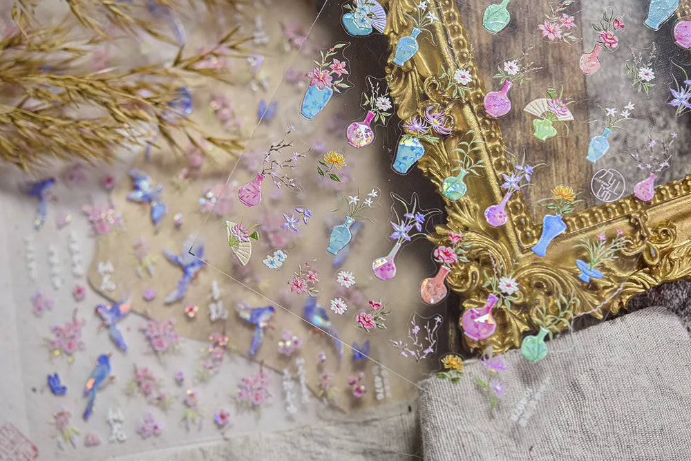 Orchid Daisy Chrysanthemum Peach Blossom Lotus Flower Vase Floral Art Fan Wintersweet Adhesive Nail Art Stickers Manicure Decals (Online Order Only)