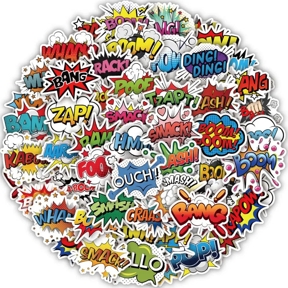50PCS Cartoon Oops Omg Bam Pow Wow Boom Bang Explosion Cloud Style Anime Slogan Sticker Phone Laptop Luggage Skateboard (ONLINE ORDER ONLY)