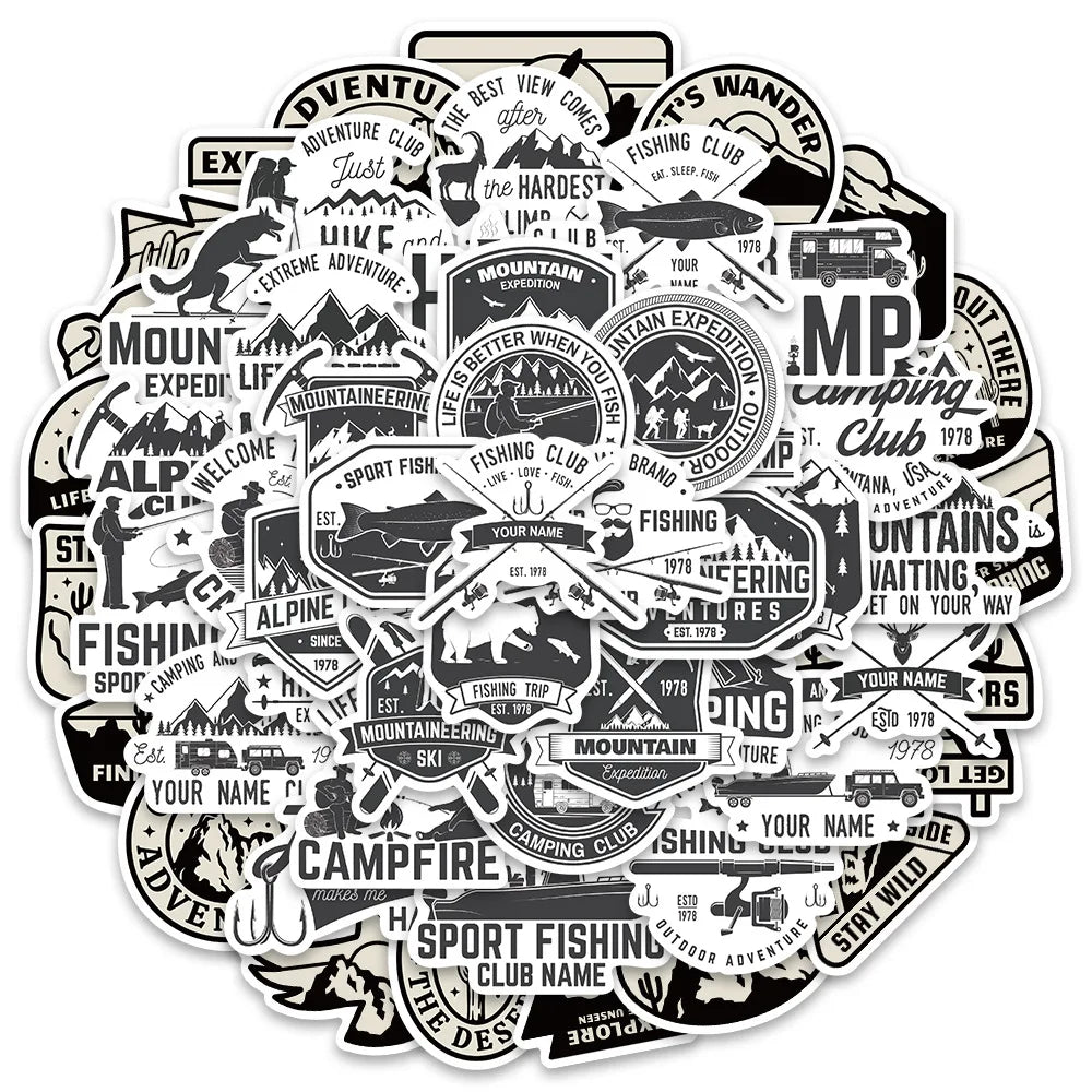 50Pcs Black and White Outdoor Sports Stickers Classic Car Motorcycle Skateboard Phone Laptop Adventure Stickers Wholesale (ONLINE ORDER ONLY)