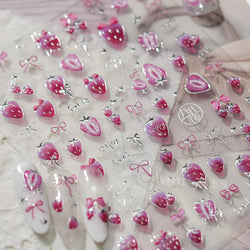 Pink Juicy Strawberry Fruit Cutting Line Ribbon Bowknot Star Happy Sweet Lovely Fruits Delicate Nail Art Stickers Manicure Decal (ONLINE ORDER ONLY)