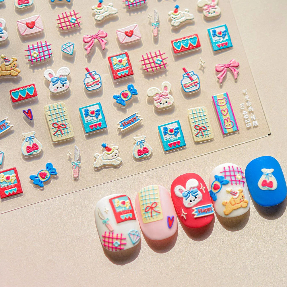 Graffiti Rabbit Dog Bunny Milk Strawberry Jewel Candy Knife Envelope Soft Relief Adhesive Nail Art Stickers Cute Manicure Decals (Online Order Only)