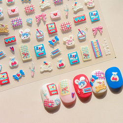 Graffiti Rabbit Dog Bunny Milk Strawberry Jewel Candy Knife Envelope Soft Relief Adhesive Nail Art Stickers Cute Manicure Decals (Online Order Only)