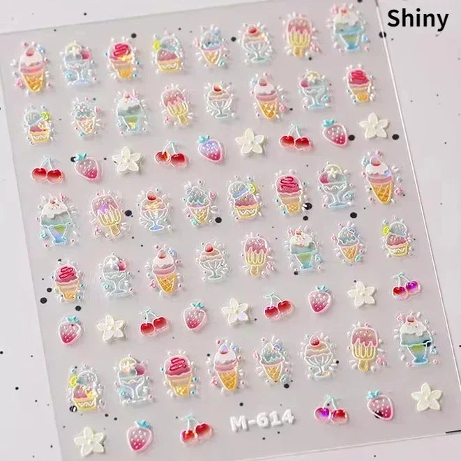 Colorful Food Pudding Alkali Water Bowknot Cream Fork Cup Bread Jelly Fruit Cartoon Cake Relief Nail Art Sticker Manicure Decals (ONLINE ORDER ONLY)