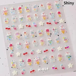 Colorful Food Pudding Alkali Water Bowknot Cream Fork Cup Bread Jelly Fruit Cartoon Cake Relief Nail Art Sticker Manicure Decals (ONLINE ORDER ONLY)