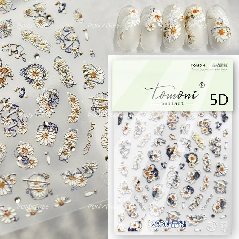 Embossed Shiny Vigor Sunflower Turnsole Vitality Butterfly Daisy Oil Painting Plant 5D Adhesive Nail Art Sticker Manicure Decals (ONLINE ORDER ONLY)