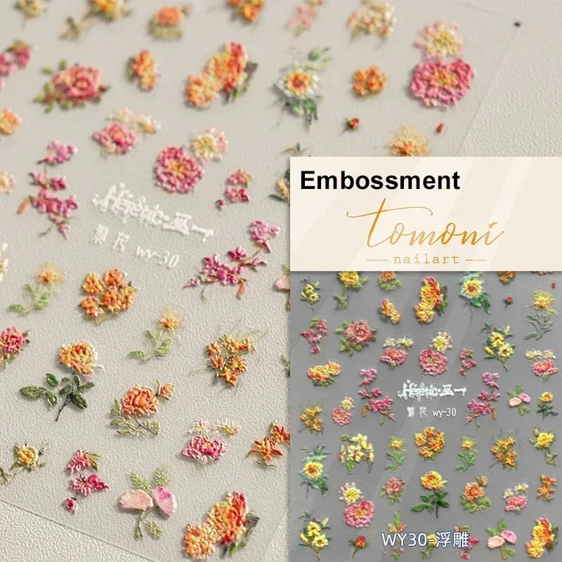 Pale Flower Bouquet Label Bowknot Stationery Sunflower Daisy Leaf 3D Self Adhesive Nail Art Stickers Rhinestone Manicure Decals (Online Order Only)