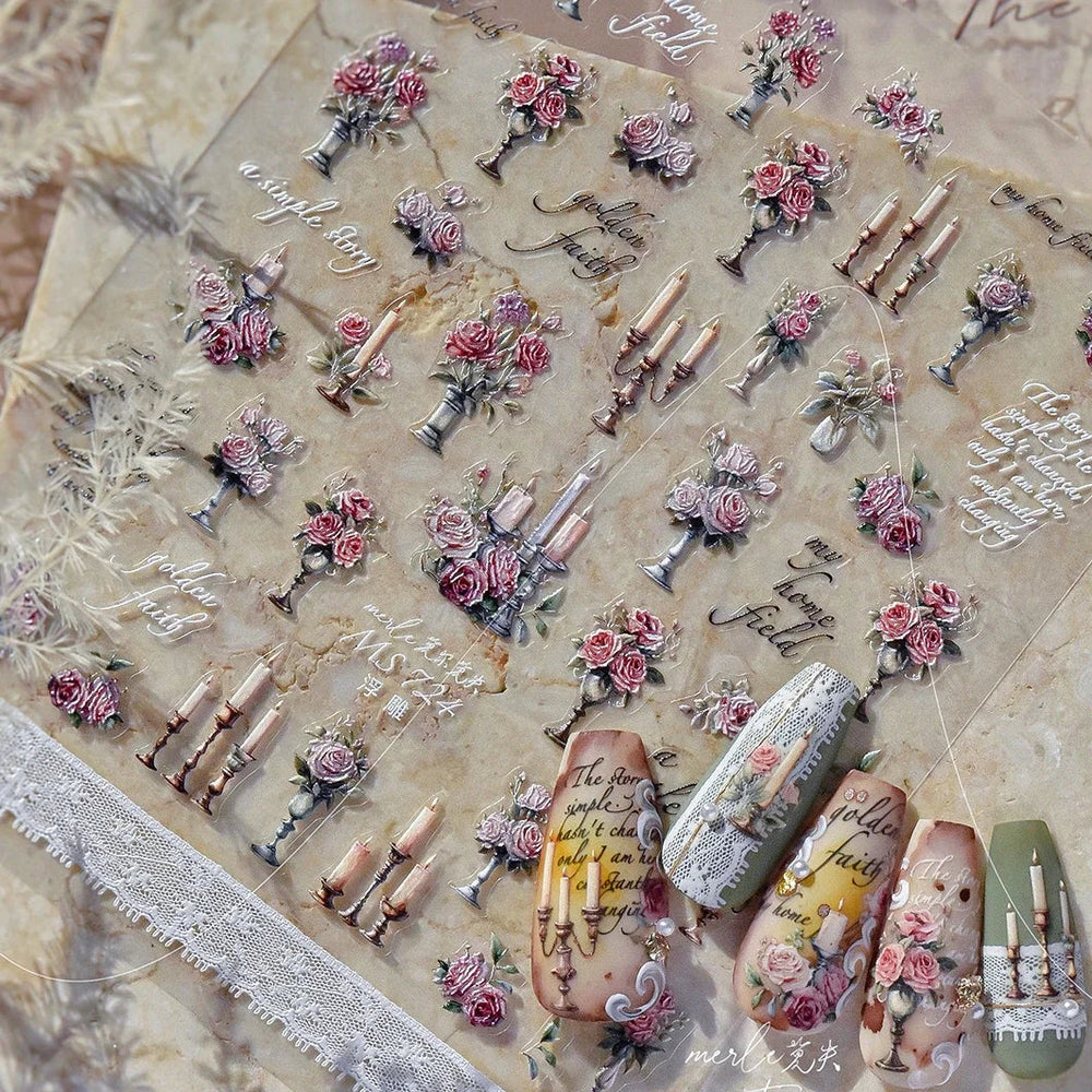 Romantic Candle Holder Lace Rambler Rose Pink Flower Bowknot Candlestick Ribbon Adhesive Nail Art Stickers Shiny Manicure Decals (ONLINE ORDER ONLY)