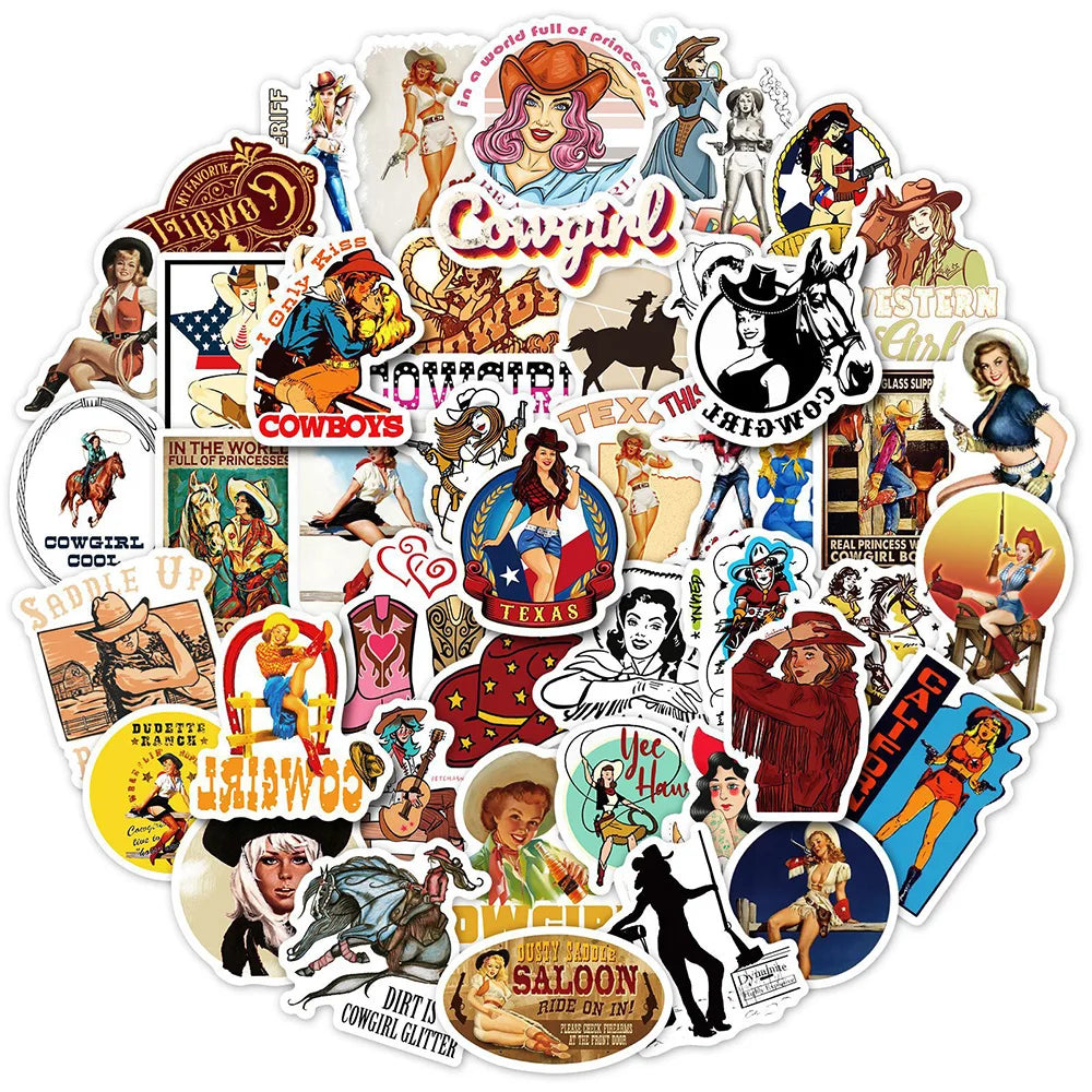 Vintage Western Cowboy Girl Stickers for Phone Laptop Luggage Skateboard Decals Kids Toys (Online Order Only)