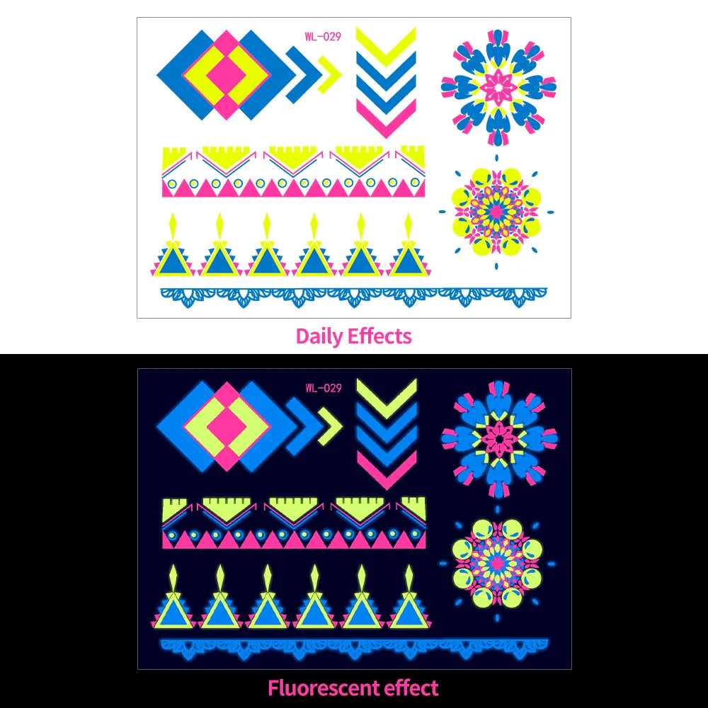 1pc Bohemia Fluorescent Sticker Luminous Temporary Tattoos Stickers UV Glow Fluorescent Tattoo Waterproof For Body Art Decals *& (Online Order Only)