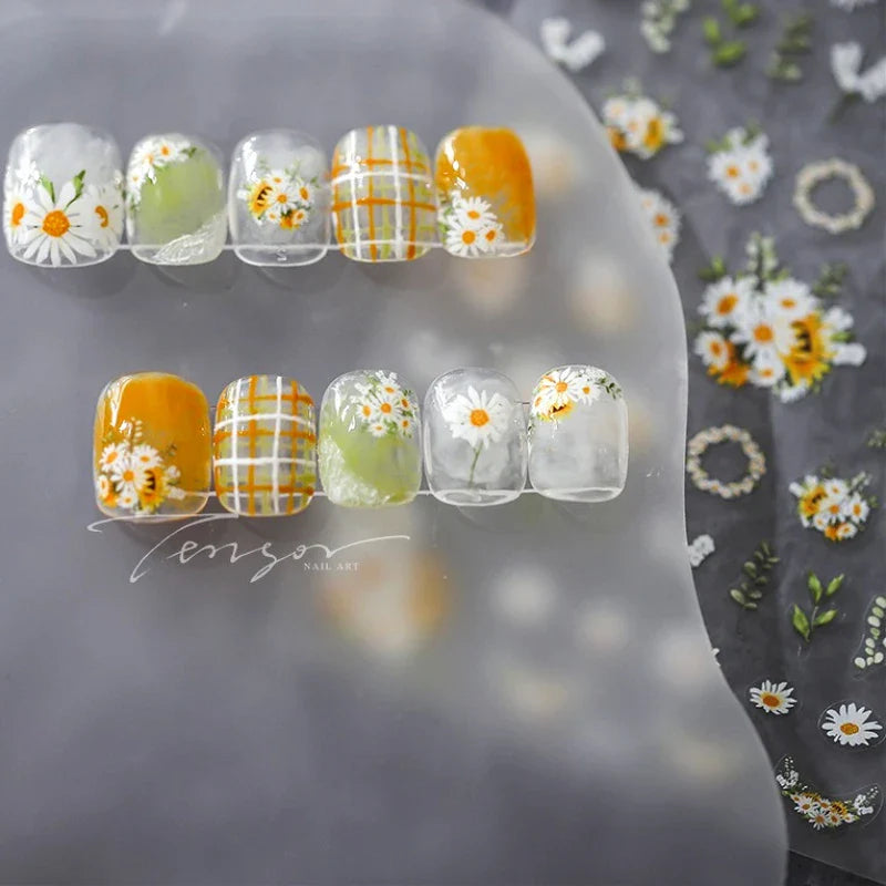 White Daisy Sunflower Green Leaves Wreath Garland Flower Cluster Bouquet Flat Adhesive Nail Art Sticker Manicure Decals Supplies (Online Order Only)