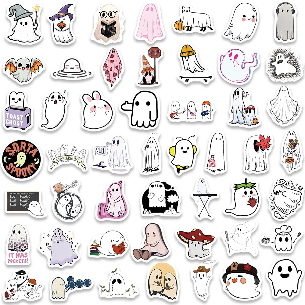 10/30/50/100PCS Cute Ghost Stickers Funny Cartoon Decals Halloween Toy For Kids Scrapbook Skateboard Notebook Fridge Decoration (ONLINE ORDER ONLY)