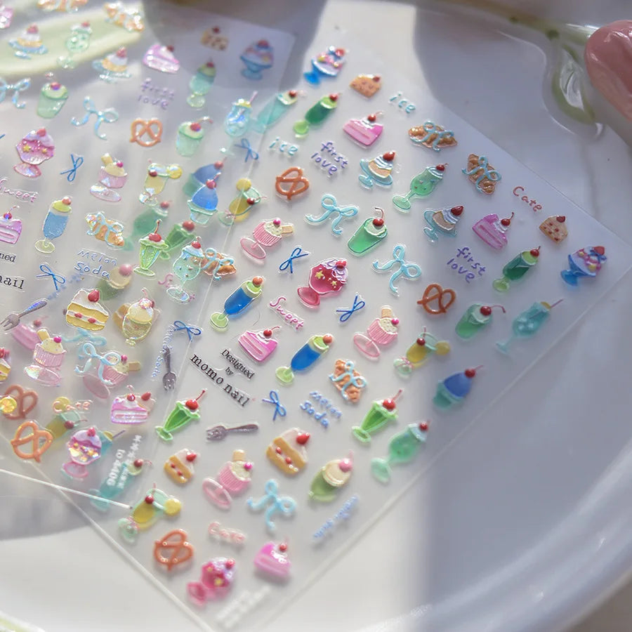 Colorful Food Pudding Alkali Water Bowknot Cream Fork Cup Bread Jelly Fruit Cartoon Cake Relief Nail Art Sticker Manicure Decals (ONLINE ORDER ONLY)