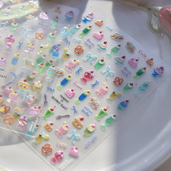 Colorful Food Pudding Alkali Water Bowknot Cream Fork Cup Bread Jelly Fruit Cartoon Cake Relief Nail Art Sticker Manicure Decals (ONLINE ORDER ONLY)