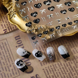 Black Silver Bowknot Love Heart Lace Irregular Line Lava Chic Self Adhesive Nail Art Stickers Embossed Reliefs Manicure Decals (Online Order Only)