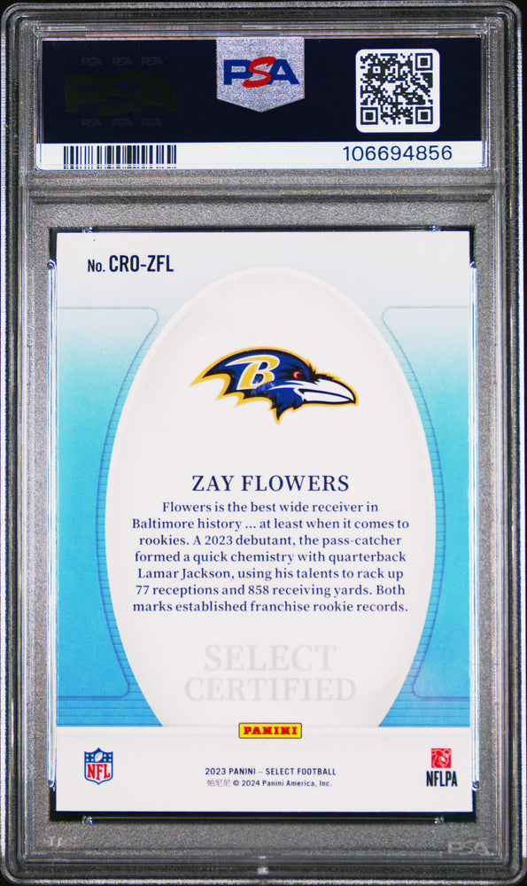 Graded 2023 Panini Select Zay Flowers #CROZFL Certified Rookies Rookie RC Football Card PSA 10 Gem Mint (ONLINE ORDER ONLY)