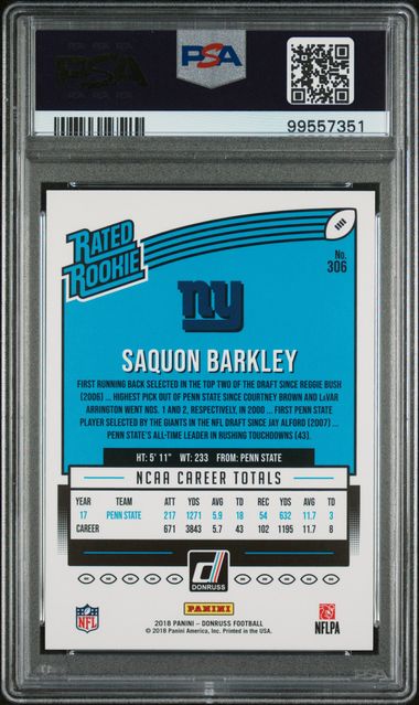 Graded 2018 Panini Donruss Bronze Press Proof Saquon Barkley #306 Rookie RC Football Card PSA 10 Gem Mint (ONLINE ORDER ONLY)
