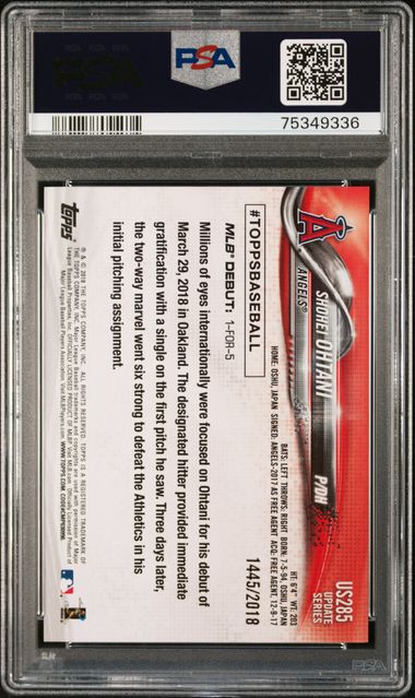 Graded 2018 Topps Update Gold Shohei Ohtani #US285 /2018 Rookie RC Baseball Card PSA 9 Mint (ONLINE ORDER ONLY)