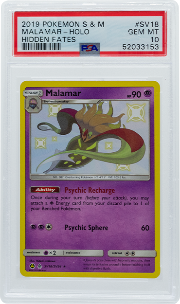 2019 POKEMON SUN & MOON HIDDEN FATES MALAMAR HOLO #SV18 PSA 10 (Online Order Only)