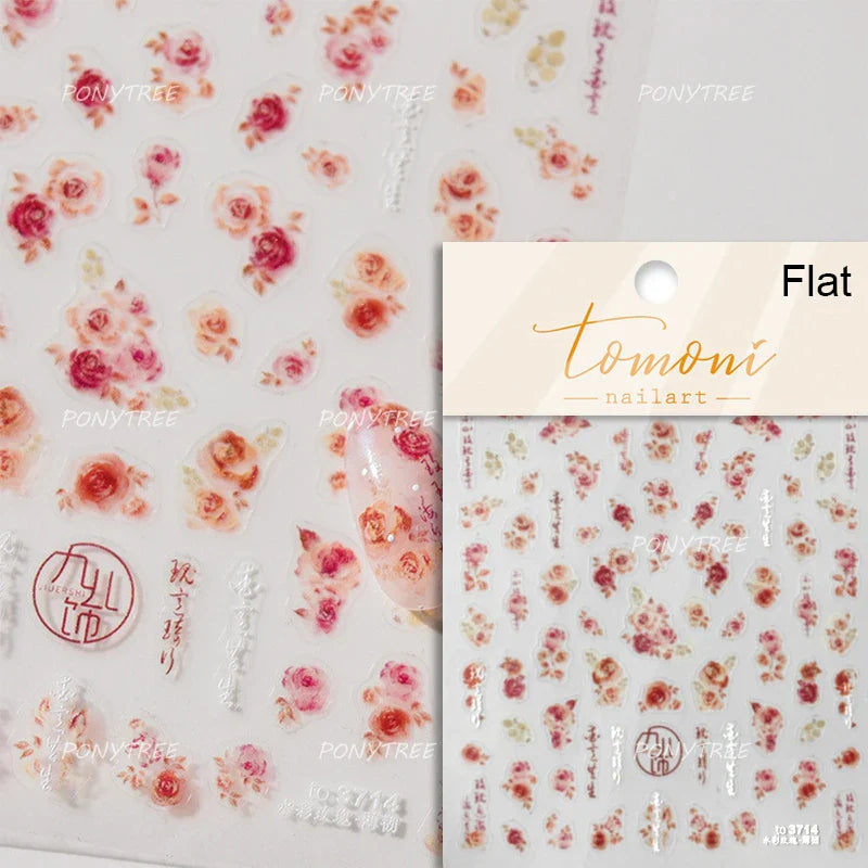 Watercolor Style Colourful Rose Flower Embossment Romantic Garden 5D Self Adhesive Nail Art Decoration Stickers Manicure Decals (ONLINE ORDER ONLY)